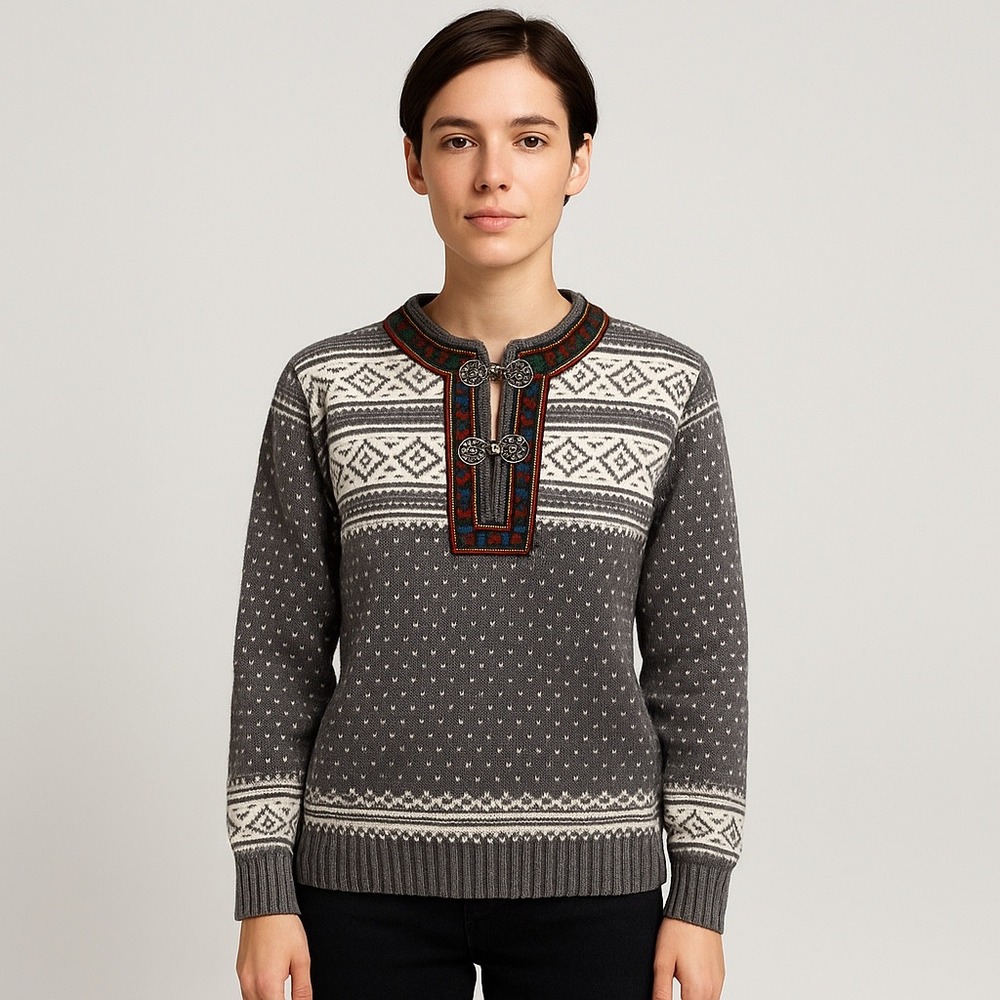 Vintage Fever Norwegian Fair Isle Sweater XS Gray Nordic Clasp Pullover